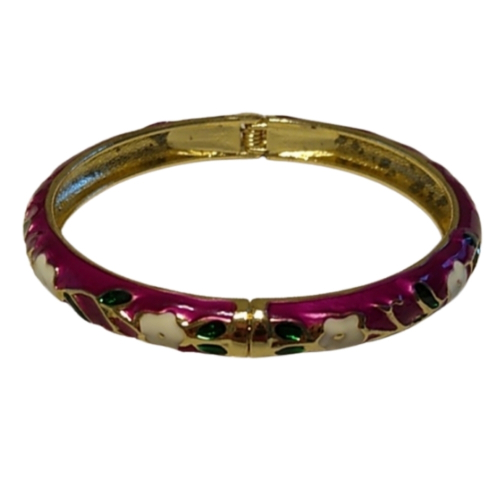Vintage Fuchsia Enamel Cloisonne Goldtone Floral Bangle Bracelet Hinge Opening